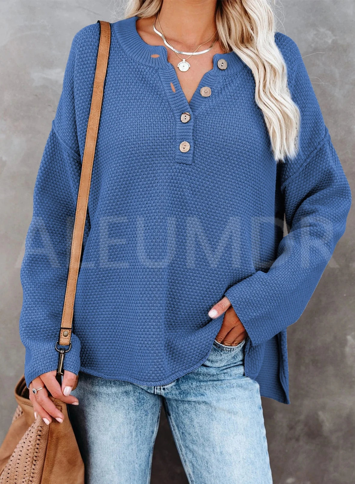 Womens Black Sweaters Button V Neck Long Sleeve Waffle Knit Pullover Tops